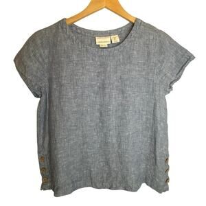 Cynthia Rowley Blue Linen Top Relaxed Fit Button Hem Short Sleeve Size Small